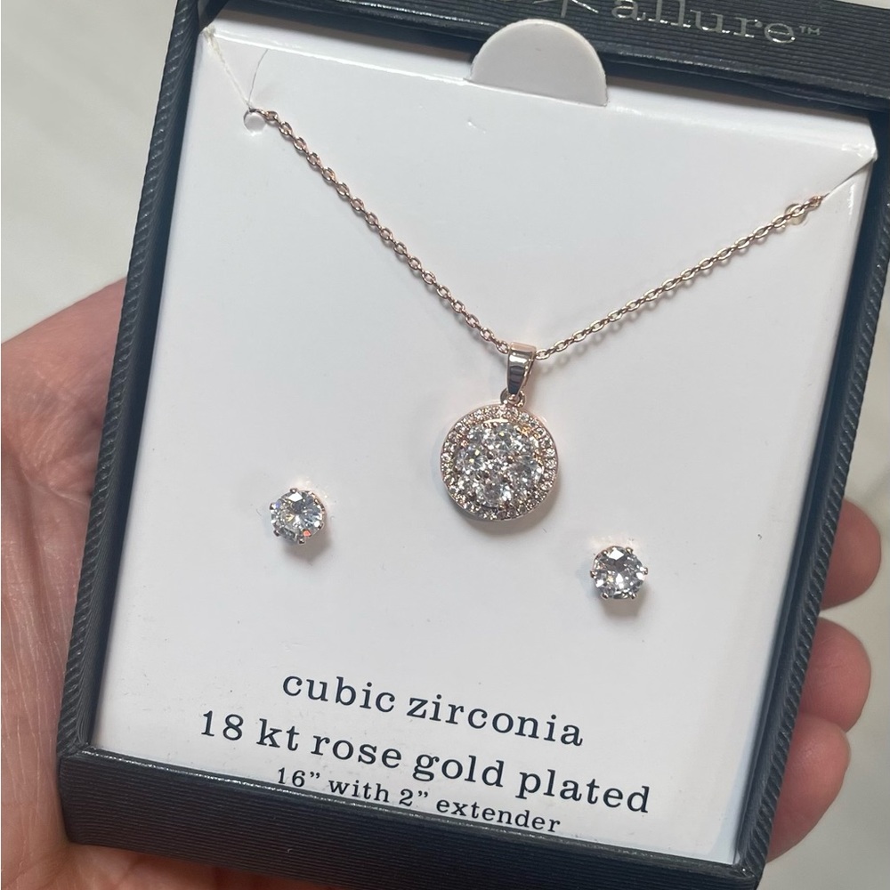 Sparkle Allure Cubic Zirconia 18kt Rose Gold plated 16" Necklace & Earrings